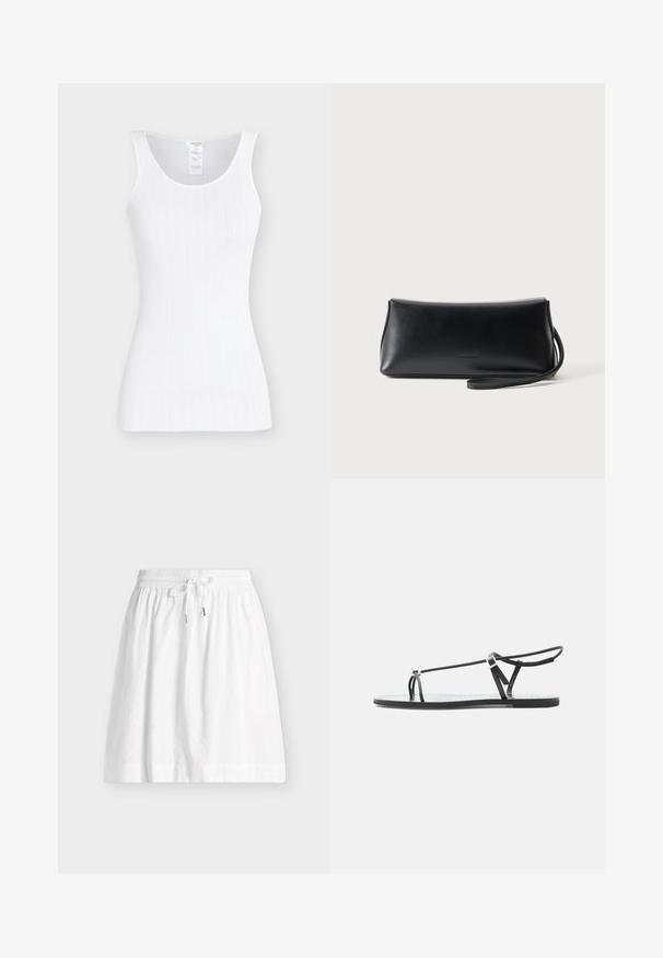Débardeur blanc sans manches en maille côtelée avec encolure dégagée et silhouette ajustée sur fond uni.; Jupe blanche longueur genou avec taille élastique, cordon de serrage et motif ajouré discret.; Sandale plate noire avec fines lanières, une boucle pour les orteils et une boucle de cheville ajustable sur un fond gris clair.; Pochette en cuir noir lisse avec une fine lanière de poignet, forme rectangulaire, et logo embossé subtil centré sur le devant.