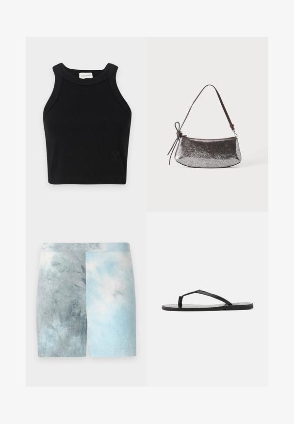 Schwarzes geripptes Cropped Top mit taillierter Passform, breiten Schulterträgern und einem dezenten Logo-Detail. Aus dehnbarem Material für höchsten Tragekomfort gefertigt.; Farbblockierte Shorts mit einem Verlauf von hellblauen und grauen Farbtönen. Hergestellt aus weichem Stoff mit glatter Textur und einem Bund.; Schwarze Flip-Flops mit minimalistischer Gestaltung, ausgestattet mit dünnen Riemen und einer flachen Sohle. Das Material wirkt plastisch mit einer glatten Oberfläche.; Kleine metallische silberne Handtasche mit strukturierter Oberfläche, kurzem dunkelbraunem Riemen und dekorativer gebundener Schleife auf einer Seite.