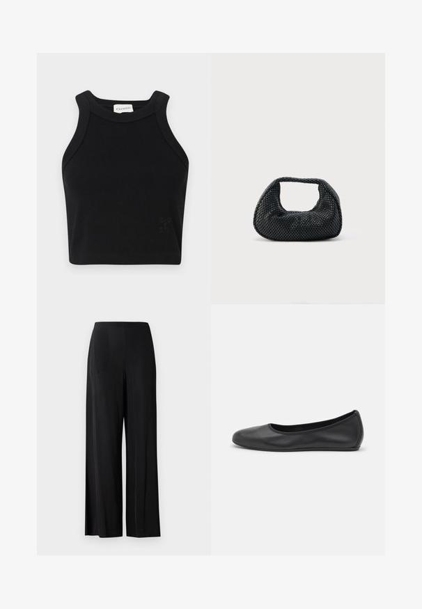 Čierny rebrovaný crop top so štíhlym strihom, širokými ramennými popruhmi a diskrétnym logom. Vyrobený z elastického materiálu pre pohodlie.; Čierne široké nohavice z hladkej látky, s vysokým pásom a žiadnymi viditeľnými vreckami ani kovovými prvkami. Dĺžka až po zem.; Čierne kožené baleríny s okrúhlou špičkou, hladkým povrchom, minimálnym prešívaním a flexibilným dizajnom podrážky.; Čierna tkaná kabelka hobo s mäkkou štruktúrou a integrovanou rukoväťou, zobrazená na jednoduchom svetlom pozadí.
