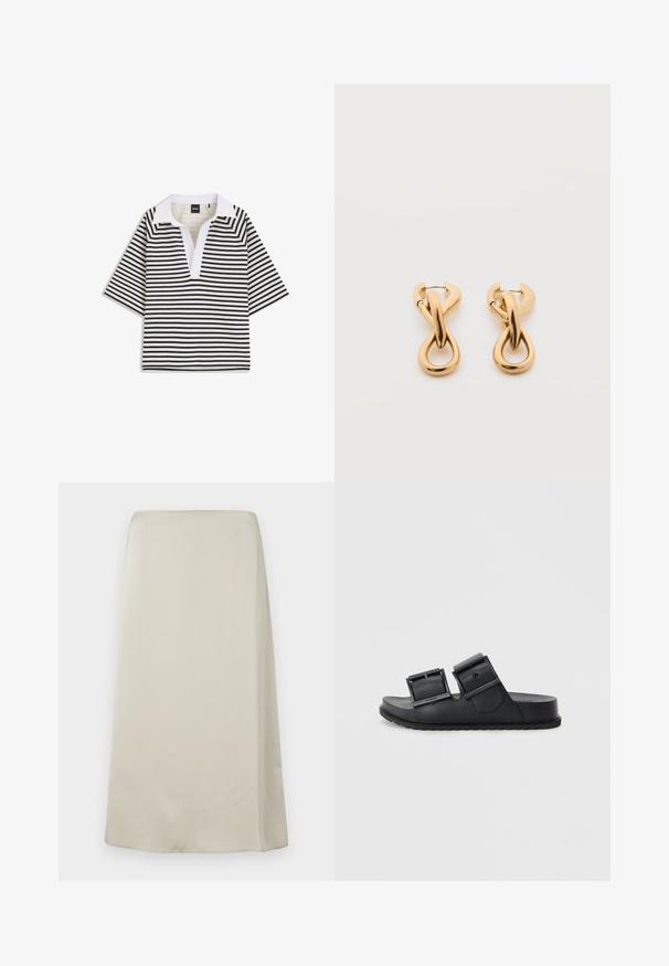 Chemise à manches courtes rayée horizontale noire et blanche avec un col ouvert blanc et une patte de boutonnage en V.; Une jupe taille haute, longueur genou, de couleur beige neutre, fabriquée dans un tissu lisse et doux, avec un design minimaliste sans ornements visibles.; Sandales noires à glissière fabriquées dans un matériau texturé, avec deux sangles réglables dotées de boucles. Semelle plate avec un motif de semelle pour une meilleure adhérence.; Paire de boucles d'oreilles créoles en bouclettes dorées brillantes sur fond blanc uni, présentant un design torsadé entrelacé.