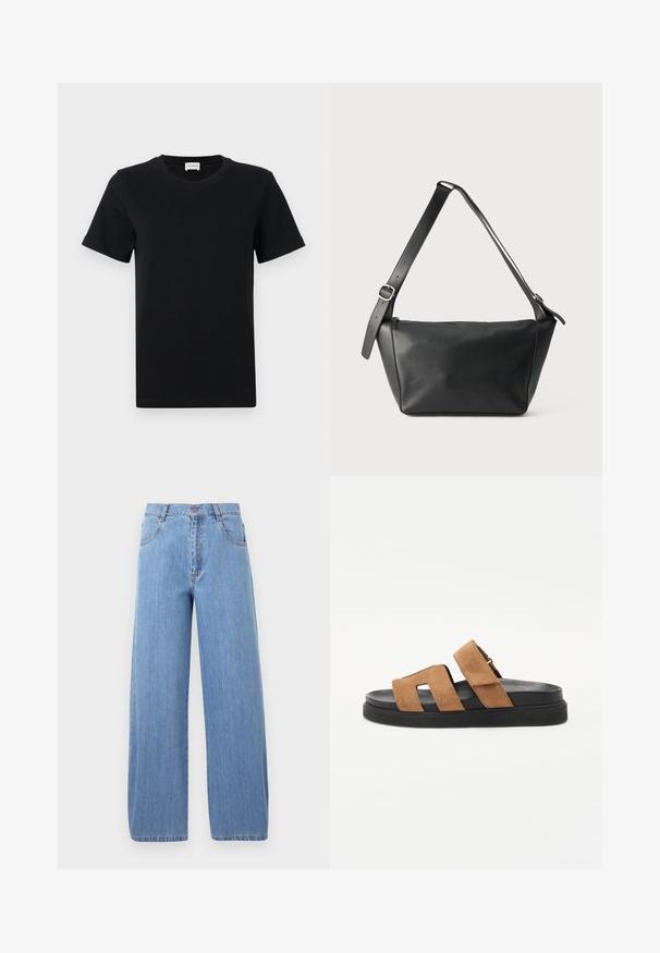 T-shirt noir en coton à manches courtes avec un col rond, présentant un détail de logo subtil sur le bas devant, et un ourlet droit.; Jeans en denim bleu clair à jambes larges, dotés d'une taille haute, de poches avant et de détails de couture subtils sur les coutures.; Sandales à glissière en suède marron avec deux larges bretelles, une semelle en caoutchouc noir et un design lisse et plat. Caractéristiques minimalistes et orteils ouverts.; Sac à bandoulière en cuir noir avec une large sangle réglable et une boucle argentée, présenté sur un fond clair uni.