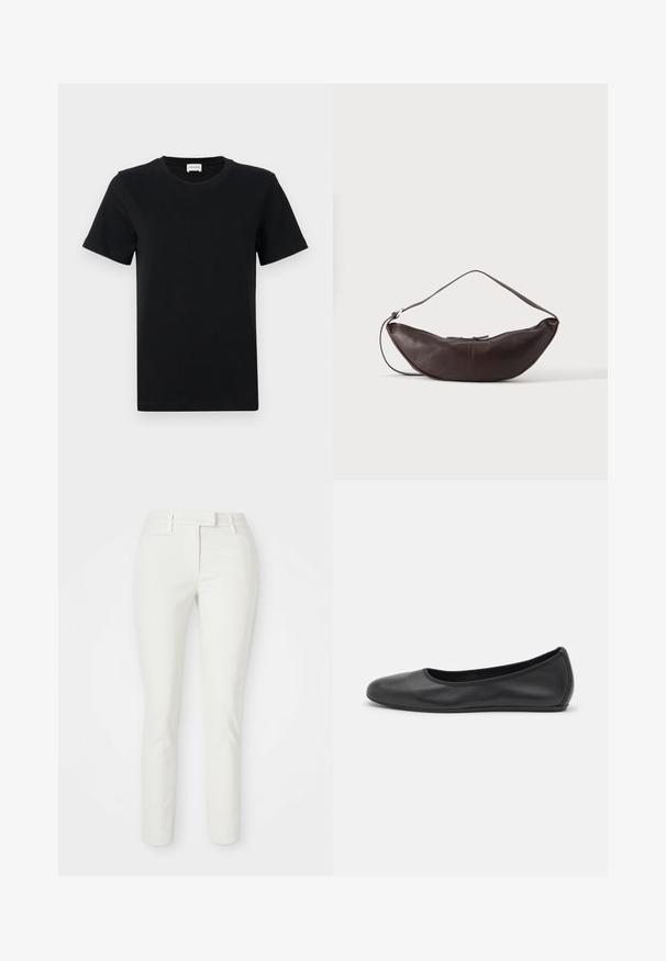 T-shirt noir en coton à manches courtes avec un col rond, présentant un détail de logo subtil sur le bas devant, et un ourlet droit.; Pantalons blancs ajustés avec une texture lisse, des détails de poches subtils et une taille classique. Conçus pour un look soigné.; Ballerines en cuir noir avec un bout rond, texture lisse, détails de couture minimalistes et design de semelle flexible.; Sac d'épaule en cuir marron foncé en forme de croissant avec une lanière courbée et des coutures visibles sur fond uni.