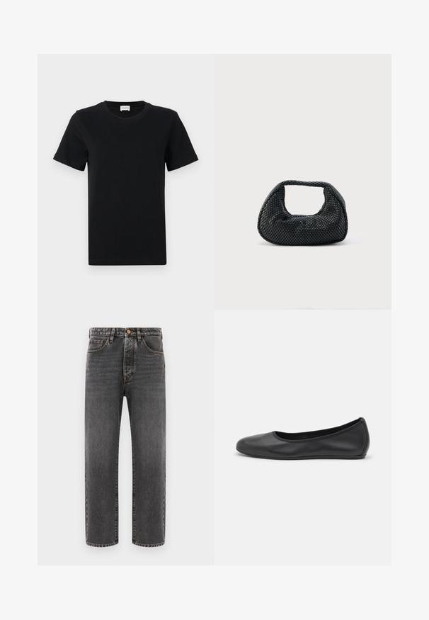 Sort bomulds t-shirt med korte ærmer og rund hals, med en subtil logo detalje på den nederste front og en lige skåret kant.; Mørkegrå jeans lavet af denim, med lige ben, fem lommer og synlige stikninger. Knaplukning i taljen.; Sort læderballetsko med rund tå, glat tekstur, minimal syning og et fleksibelt såldesign.; Sort flettet hobo-taske med blød struktur og integreret håndtag, vist på en ensfarvet lys baggrund.