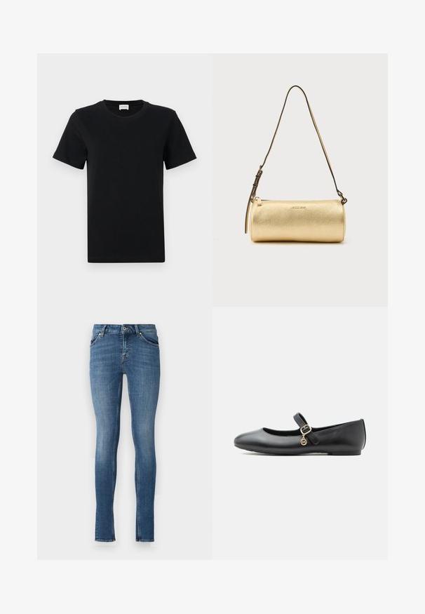 Schwarzes Baumwoll-T-Shirt mit kurzen Ärmeln und Rundhalsausschnitt, mit einem dezenten Logo-Detail an der unteren Vorderseite und einem geraden Saum.; Slim Fit Jeans aus hellblauem Denim, mit fünf Taschen, einem Knopfverschluss und einer lässigen Textur mit dezenten Ausbleichungen und auffälligen Nähten.; Schwarzer Mary Jane Ballerina aus Leder mit einer kleinen goldenen Schnalle und einem runden Anhänger vor weißem Hintergrund.; Goldfarbene zylindrische Leder-Schultertasche mit verstellbarem Riemen und Reißverschluss, Michael Kors Logo mittig auf der Vorderseite.