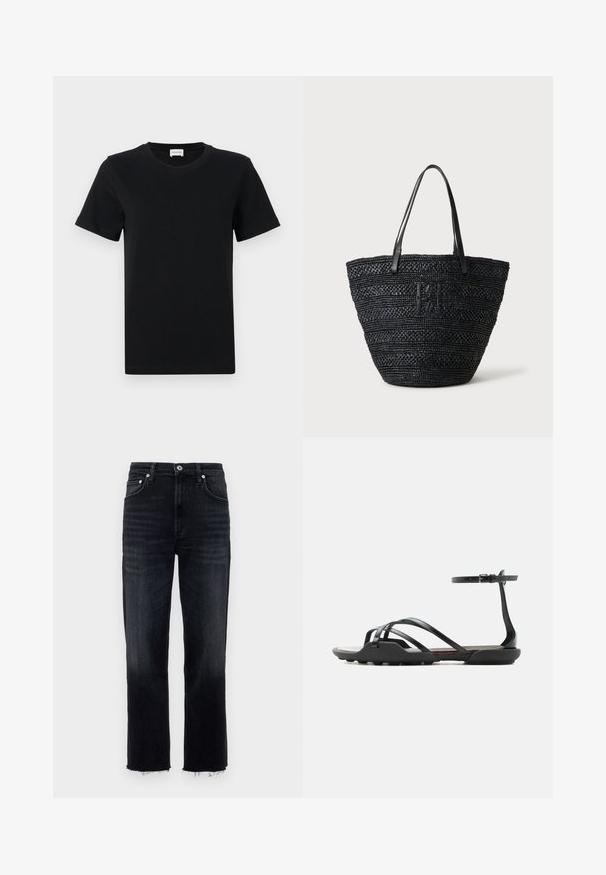 Schwarzes Baumwoll-T-Shirt mit kurzen Ärmeln und Rundhalsausschnitt, mit einem dezenten Logo-Detail an der unteren Vorderseite und einem geraden Saum.; Hochgeschnittene, gerade Jeans aus dunkel gewaschenem Denim mit fransigem Saum und klassischem Fünf-Taschen-Design mit silbernen Hardware-Elementen.; Schwarze flache Sandale mit dünnen Riemen, die über die Zehen verlaufen, und einem Schnallenriemen am Knöchel, mit leicht strukturierter Sohle für besseren Halt.; Schwarze, gewebte Tragetasche mit zwei dünnen Ledergriffen und einem dezenten, geflochtenen Logo auf der Vorderseite, stehend vor einem hellen Hintergrund.