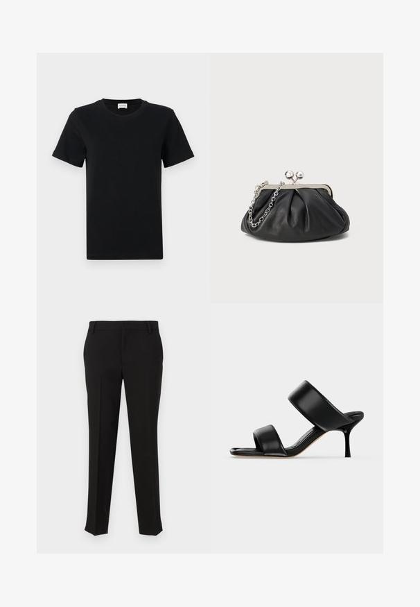 T-shirt noir en coton à manches courtes avec un col rond, présentant un détail de logo subtil sur le bas devant, et un ourlet droit.; Pantalons noirs ajustés en tissu lisse, avec une coupe droite, des passants de ceinture et des poches latérales. Aucune motif ou matériel visible.; Sandale mule en cuir noir avec deux larges brides et un talon stiletto fin de hauteur moyenne sur un fond clair uni.; Porte-monnaie en cuir noir avec texture froncée, cadre en métal argenté, fermeture à verrouillage kiss-lock et bandoulière en chaîne. Surface lisse et douce.