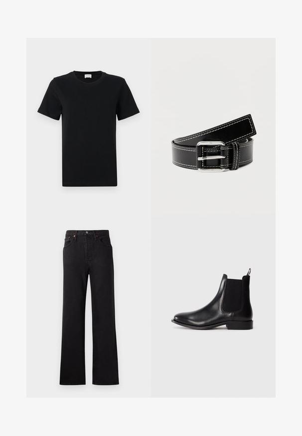 Sort bomulds t-shirt med korte ærmer og rund hals, med en subtil logo detalje på den nederste front og en lige skåret kant.; Højtaljede sorte denimjeans med klokkeformede ben, der har synlige syninger, fem-lomme design og detaljer i kobberfarvet metal.; Sorte læder Chelsea støvler med elastiske sidepaneler, afrundet tå, pull tab og en lav blokhæl. Glat tekstur med minimal detaljer.; Sort læderbælte med hvide syninger og sølvfarvet firkantet spænde, rullet sammen på en ensartet lys baggrund.