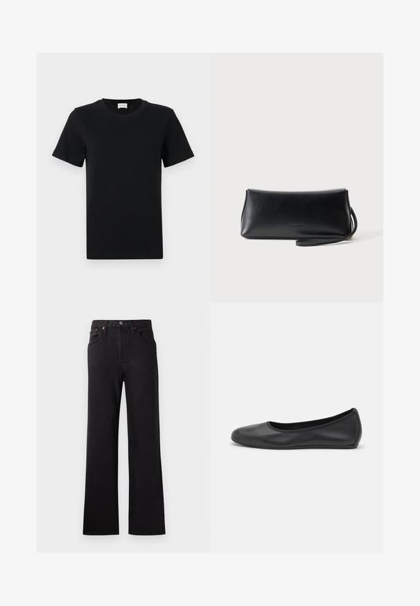 T-shirt noir en coton à manches courtes avec un col rond, présentant un détail de logo subtil sur le bas devant, et un ourlet droit.; Jean en denim noir taille haute avec une jambe évasée, présentant des coutures visibles, un design à cinq poches et des accents en métal cuivré.; Ballerines en cuir noir avec un bout rond, texture lisse, détails de couture minimalistes et design de semelle flexible.; Pochette en cuir noir lisse avec une fine lanière de poignet, forme rectangulaire, et logo embossé subtil centré sur le devant.