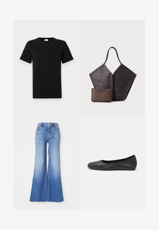 Sort bomulds t-shirt med korte ærmer og rund hals, med en subtil logo detalje på den nederste front og en lige skåret kant.; Bukser i flared denim i lys blå vask, med høj talje, karakteristiske brede ben og en let falmning mod kanten. Knap- og lynlås-lukning.; Sort læderballetsko med rund tå, glat tekstur, minimal syning og et fleksibelt såldesign.; Hereu CALELLA - Shopping bags - dark brown