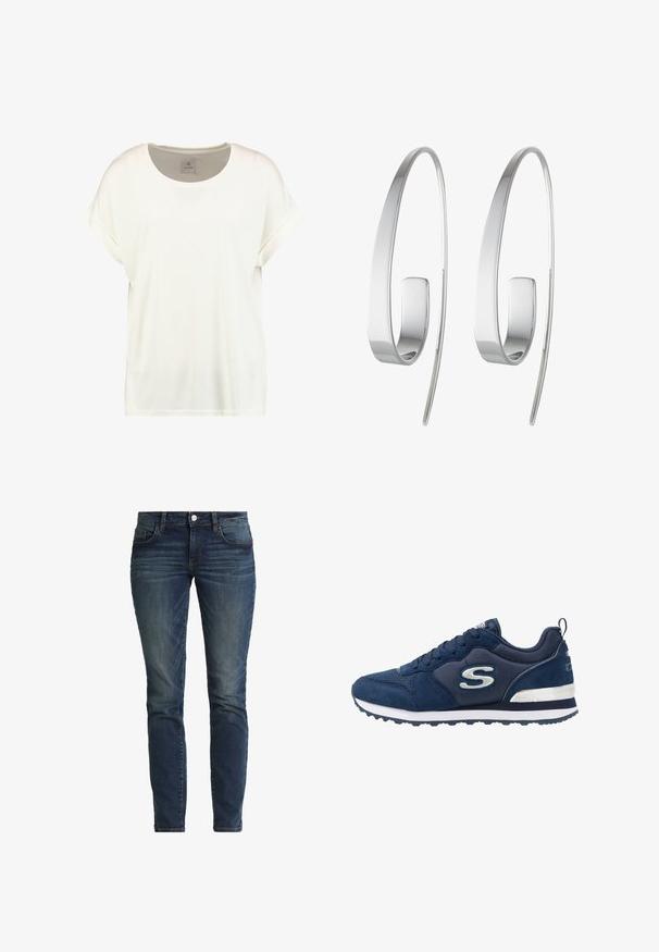Effen wit T-shirt met korte mouwen, ronde hals, omgeslagen mouwboorden en een klein stoffen label aan de binnenkant van de hals met de tekst "Culture."; TOM TAILOR TTALEXA Slim - Slim fit jeans - dark stone wash denim blue; Marineblauwe sportschoen van suede en mesh materialen, met een opvallend zilveren logo, gestructureerde bovenkant en een witte tussenzool.; Zilveren creolen met een slank, langwerpig ontwerp. Gemaakt van gepolijst metaal, met een gladde textuur en minimalistische stijl.
