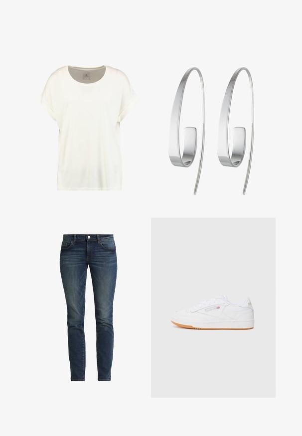 Camiseta blanca lisa de manga corta con cuello redondo, mangas con puños y una pequeña etiqueta de tela en el interior del cuello que dice "Culture."; TOM TAILOR TTALEXA Slim - Vaqueros slim fit - dark stone wash denim blue; Zapatillas de cuero blancas con un diseño de corte bajo, que presentan una suela de goma blanca texturizada y una suela exterior de goma marrón. Acentos de logo sutiles presentes.; Pendientes de aro de plata con un diseño elegante y alargado. Elaborados en metal pulido, presentan una textura suave y un estilo minimalista.