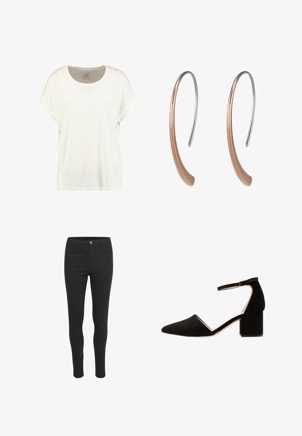 T-shirt blanc uni à manches courtes, col rond, manches retroussées, avec une petite étiquette en tissu à l’intérieur du col portant la mention « Culture ».; Jeans skinny noirs avec une texture de tissu lisse, dotés d'une fermeture à bouton à l'avant, de cinq poches et d'un design ajusté.; Chaussure à talon bloc en daim noir avec bout pointu et bride de cheville ; possède une texture lisse et un design minimaliste.; Paire de boucles d'oreilles pendantes élégantes et incurvées avec partie avant ton or rose et crochets fins en fil argenté conçus pour oreilles percées.