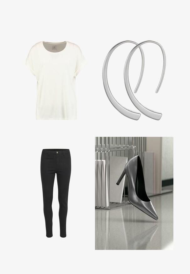 Enkelt hvid t-shirt med korte ærmer, rund hals, med opfoldede ærmekanter og en lille tekstilet label inde i kraven med teksten "Culture."; Sorte skinny jeans med en glat stofstruktur, der har en frontknaplukning, fem lommer og et tætsiddende design.; Sort højhælet sko ophængt i luften foran en metalfilmappe med mapper på en poleret overflade.; Sølvfarvede metal hoops øreringe med en glat, blank overflade og buet halvmåneform, der har et minimalistisk design uden synlige mønstre.