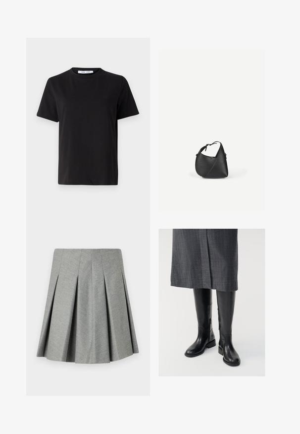Schwarzes T-Shirt mit kurzen Ärmeln aus weicher Baumwolle, mit rundem Ausschnitt, lockerer Passform und glatter Textur. Keine sichtbaren Muster oder Grafiken.; Faltenrock in Grau aus strukturiertem Stoff, mit einem enganliegenden Taillenbund und einem ausgestellten Design. Keine sichtbaren Beschläge oder Akzente.; Knielange schwarze Lederstiefel mit glatter Textur, seitlichen Reißverschlüssen und flacher Sohle. Die Stiefel haben einen strukturierten Schaft und minimales Zubehör.; Schwarze Leder-Umhängetasche mit abgerundeter dreieckiger Form und verstellbarem Riemen vor einem schlichten hellen Hintergrund.