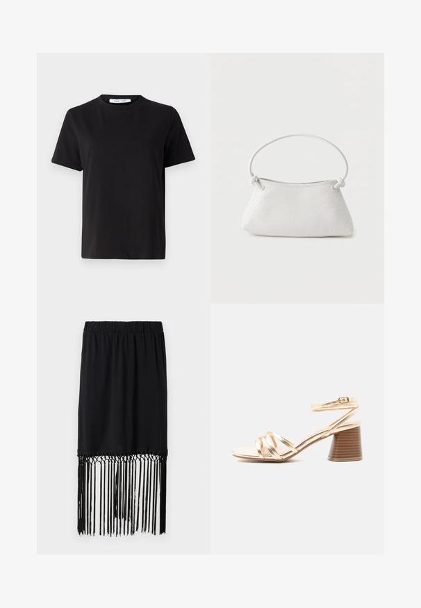 Camiseta negra de manga corta hecha de algodón suave, con un cuello redondo, corte relajado y una textura lisa. Sin patrones ni gráficos visibles.; Falda negra con cintura elástica y dobladillo con flecos. Los flecos están hechos de hilos finos, aportando textura y detalle al diseño.; Sandalia dorada con tiras, tacón de bloque de madera y correa con hebilla en el tobillo sobre fondo claro liso.; Bolso de mano de cuero blanco tejido con asa redondeada y extremos de la correa anudados, exhibido sobre un fondo liso.
