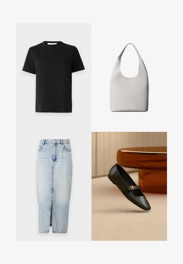 Sort t-shirt med korte ærmer fremstillet af blødt bomuld, med rund halsudskæring, afslappet pasform og en glat overflade. Ingen synlige mønstre eller grafik.; Lyseblå denimnederdel med en frontslids, høj talje, fem lommer og synlige syninger. Har et klassisk design og en glat tekstur.; Sort læder flad sko med spids tå og gyldent CK-logo på rem, placeret på beige tæppe nær et rundt ravbrunt bord.; Hvid lædertaske med ét skulderrem, blød tekstur og diskret Calvin Klein-logo nær bunden i midten.