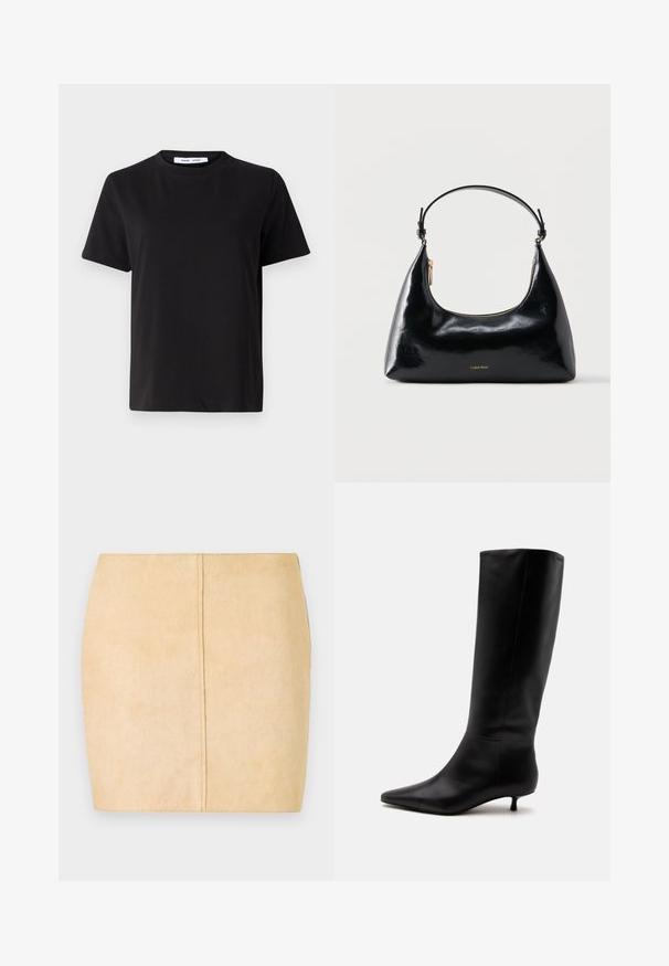 T-shirt noir à manches courtes en coton doux, avec un col rond, une coupe décontractée et une texture lisse. Pas de motifs ni de graphiques visibles.; Jupon mini en suède beige offrant une texture lisse, une silhouette ajustée et un détail de couture centrale. Pas de matériel ou d'embellissements visibles.; Botte noire en cuir jusqu'au genou avec bout pointu et petit talon kitten sur un fond clair uni.; Sac à main Calvin Klein noir brillant avec fermeture éclair dorée et anse courte sur fond blanc uni.