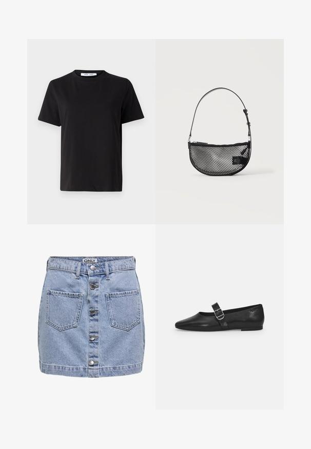 T-shirt noir à manches courtes en coton doux, avec un col rond, une coupe décontractée et une texture lisse. Pas de motifs ni de graphiques visibles.; Mini-jupe en denim bleu clair, avec cinq boutons sur le devant, deux poches plaquées et une texture légèrement déchirée. L'étiquette indique "ONLY."; Chaussure plate en cuir noir avec un bout arrondi, une seule sangle réglable à boucle et une texture lisse et brillante. Design minimaliste avec un petit talon.; Sac à main en maille noire forme demi-lune avec une courte bandoulière en cuir réglable et une fermeture éclair sur un fond clair uni.