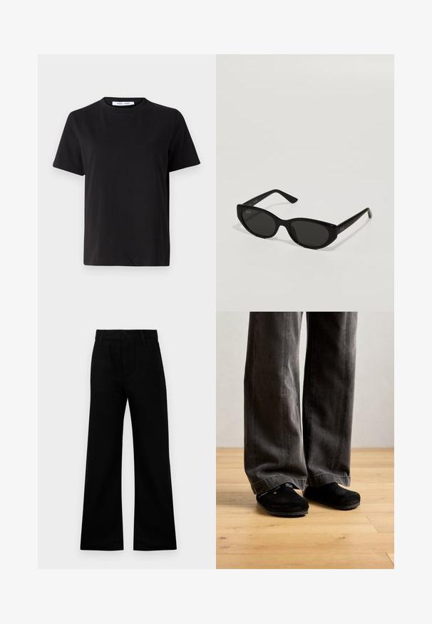 Camiseta negra de manga corta hecha de algodón suave, con un cuello redondo, corte relajado y una textura lisa. Sin patrones ni gráficos visibles.; Pantalones de pierna ancha negros, confeccionados en una tela suave con una cintura alta, con cierre de botón y trabillas para cinturón, que ofrecen un ajuste estructurado.; Persona vestida con pantalones sueltos de color gris oscuro y zapatos negros sin cordones, de pie sobre un suelo de madera clara contra una pared lisa.; Gafas de sol negras con una forma de ojo de gato estrecha. Hechas de plástico suave, con lentes oscuros y sutiles acentos de logo en las patillas.
