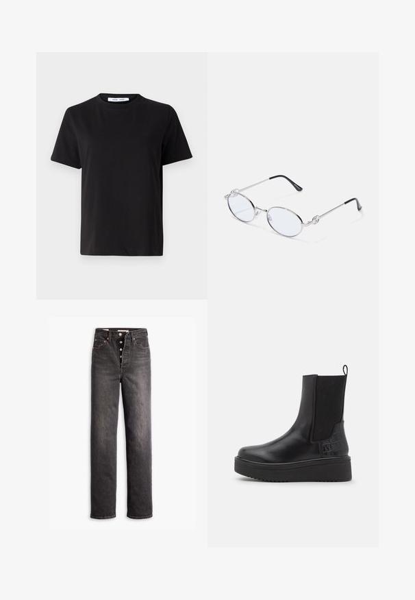 Sort t-shirt med korte ærmer fremstillet af blødt bomuld, med rund halsudskæring, afslappet pasform og en glat overflade. Ingen synlige mønstre eller grafik.; Sorte højtaljede jeans med lige ben-design, lavet af denim. Features en knaplukning, kobberdetaljer og kontrastsyninger.; Sorte læderankelstøvler med elastiske sidepaneler, struktureret krokodillemønster, kraftig platformsål og løkke til at tage dem på.; Sølvmetal ovale briller med klare linser, prydet med dekorative sideaccenter og sorte spidser på stængerne for bedre greb og komfort.