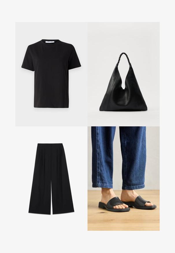 Sort t-shirt med korte ærmer fremstillet af blødt bomuld, med rund halsudskæring, afslappet pasform og en glat overflade. Ingen synlige mønstre eller grafik.; Sorte vide, korte bukser med en tætsiddende talje og forreste læg, vist på en ensartet lys baggrund.; Sorte slip-on sandaler lavet af glat materiale, med åben tå og en bred toprem, sat mod mørk denim bukser med lige pasform.; Sort lædertaske med en unik V-formet åbning, featuring et flettet håndtag og en struktureret overflade. Minimalistisk design med bløde kurver.