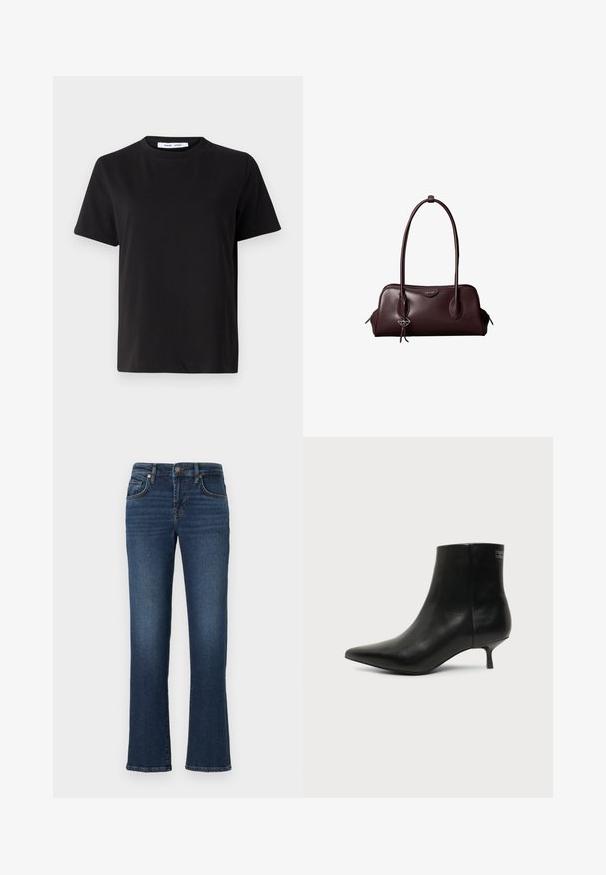 Sort t-shirt med korte ærmer fremstillet af blødt bomuld, med rund halsudskæring, afslappet pasform og en glat overflade. Ingen synlige mønstre eller grafik.; Mørkeblå denim jeans med lige ben, der har frontlommer, lynlås og bløde falmede områder langs lårerne.; Sort læder ankelstøvle med spids tå og lav kitten hæl på lys baggrund, der viser yderside.; Mørkebrun lædertaske fra Calvin Klein med lange dobbelte håndtag og en lille logohængende ved det ene håndtag.