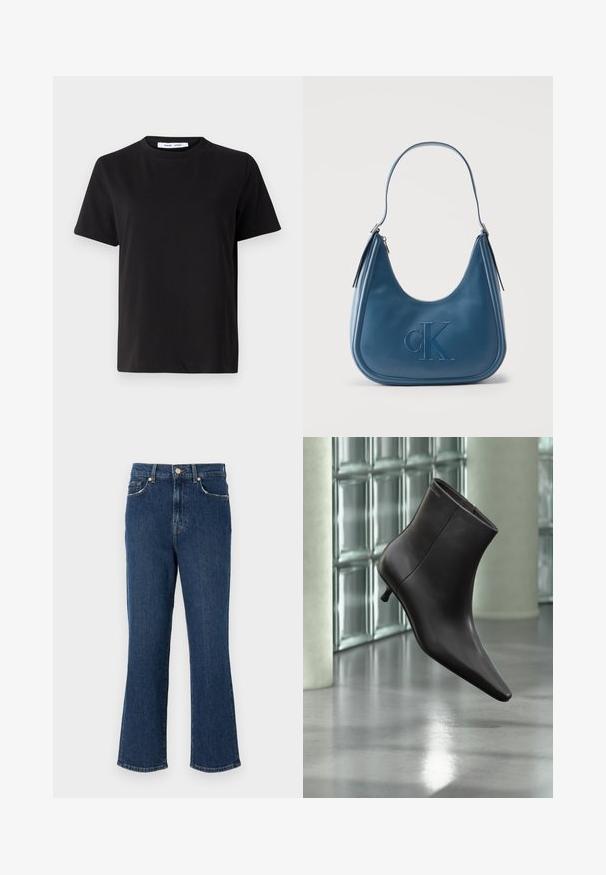 Sort t-shirt med korte ærmer fremstillet af blødt bomuld, med rund halsudskæring, afslappet pasform og en glat overflade. Ingen synlige mønstre eller grafik.; Mørkeblå, udvidede denim jeans med en veldefineret talje, forlommer og hardware i guldfarve. Glat tekstur med syningsdetaljer.; Sort læderankelstøvle med spids tå og lille hæl vist mod en væg af glasblokke og poleret gulv baggrund.; Blå læder skuldertaske med præget CK-logo centreret foran og sølvfarvet lynlåsdetaile på begge sider.