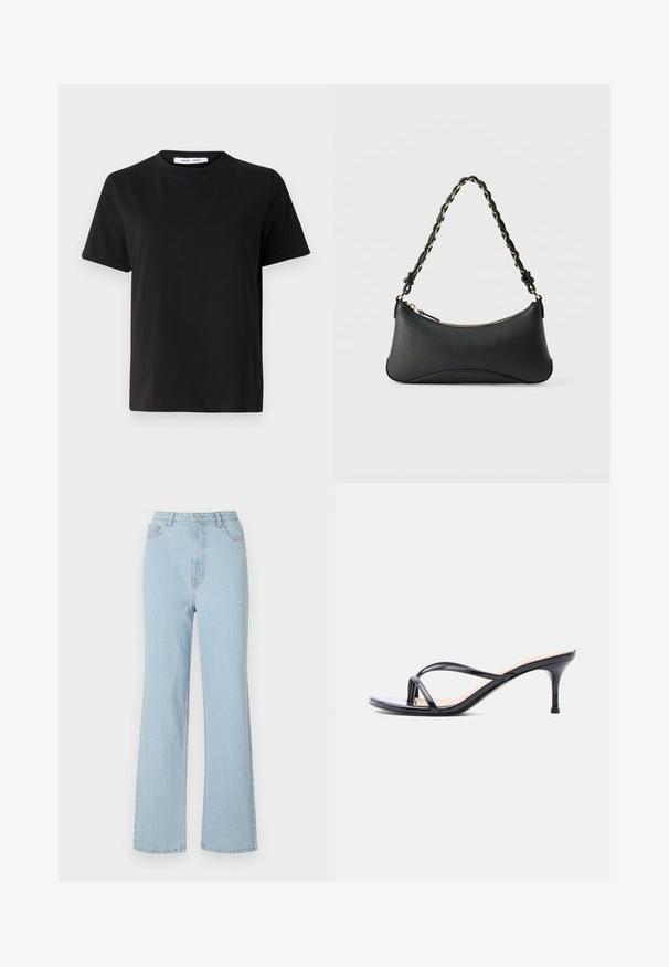 T-shirt noir à manches courtes en coton doux, avec un col rond, une coupe décontractée et une texture lisse. Pas de motifs ni de graphiques visibles.; Jean en denim bleu clair taille haute avec une coupe décontractée, jambes larges et design classique à cinq poches. Fait avec un bouton en métal et une fermeture éclair.; Sandale à talon en cuir verni noir avec fines lanières croisées et talon aiguille moyen et élancé sur fond blanc.; Sac à bandoulière en cuir noir de forme rectangulaire incurvée, avec une chaîne dorée tissée dans la bandoulière noire tressée et une fermeture éclair sur le dessus.