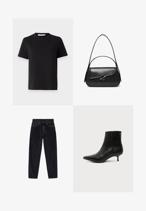 Camiseta negra de manga corta hecha de algodón suave, con un cuello redondo, corte relajado y una textura lisa. Sin patrones ni gráficos visibles.; Vaqueros negros de tiro alto con pierna recta, botón frontal, cremallera, trabillas para cinturón y cinco bolsillos, mostrados sobre un fondo blanco.; Botín de piel negra con puntera puntiaguda y tacón bajo estilo kitten sobre fondo claro, mostrando vista lateral exterior.; Bolso de hombro de cuero negro con una solapa curva asegurada por un broche metálico redondo y una correa delgada y ajustable.