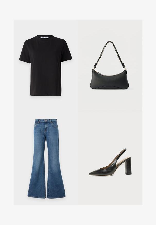 Schwarzes T-Shirt mit kurzen Ärmeln aus weicher Baumwolle, mit rundem Ausschnitt, lockerer Passform und glatter Textur. Keine sichtbaren Muster oder Grafiken.; Ausgestellte Jeans aus Denim in mittlerem Blauton mit klassischem Fünf-Taschen-Design, Gürtelschlaufen und Knopfverschluss. Glatte Textur mit subtilen Verfärbungen.; Schwarzer Leder-Slingback-Schuh mit spitzer Zehenpartie, Blockabsatz und kleinem Logo an der Seite, vor einfachem weißem Hintergrund.; Schwarze Lederschultertasche mit gewölbter rechteckiger Form, goldener Kette, die in den geflochtenen schwarzen Riemen eingewebt ist, und Reißverschlussverschluss oben.