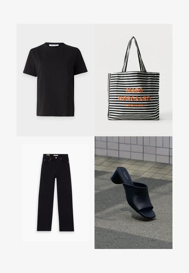 Sort t-shirt med korte ærmer fremstillet af blødt bomuld, med rund halsudskæring, afslappet pasform og en glat overflade. Ingen synlige mønstre eller grafik.; Sorte denim jeans med lige pasform, fem lommer, kobberdetaljer og en glat tekstur. To mærker synlige på taljebåndet.; Sort læder åben tå mule med blok hæl, placeret på asfalt nær flisebelagt overflade.; Sort-hvid vandret striped shopper taske med orange tekst "MADS NØRGAARD COPENHAGEN" og to stribede håndtag.