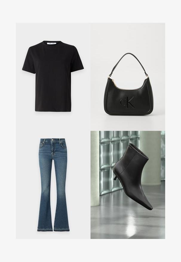 T-shirt noir à manches courtes en coton doux, avec un col rond, une coupe décontractée et une texture lisse. Pas de motifs ni de graphiques visibles.; Jean évasé en denim bleu moyen avec taille haute, léger effet délavé, design à cinq poches et détails de couture visibles.; Bottine en cuir noir avec bout pointu et petit talon, présentée devant un mur en blocs de verre et un sol poli.; Sac à main en cuir noir avec une forme courbée, doté d'une fermeture éclair dorée et d'un logo "cK" discret en relief. Texture lisse et une seule poignée.