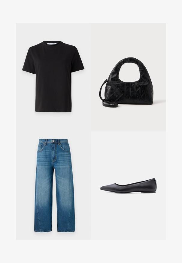 Schwarzes T-Shirt mit kurzen Ärmeln aus weicher Baumwolle, mit rundem Ausschnitt, lockerer Passform und glatter Textur. Keine sichtbaren Muster oder Grafiken.; Weite Denim-Jeans in Hellblau mit einem verblassten Wasch-Effekt, ausgestattet mit fünf Taschen und einem vorderen Knopfverschluss. Aus Baumwollmaterial gefertigt.; Schwarzer flacher Lederschuh mit spitzer Kappe und niedrigem Absatz, seitlich vor weißem Hintergrund gezeigt.; Schwarze Lederhandtasche mit einem geschwungenen Schultergriff, subtilen Rautenmuster und einem abnehmbaren Schulterriemen. Die Textur ist glatt mit geprägten Details.