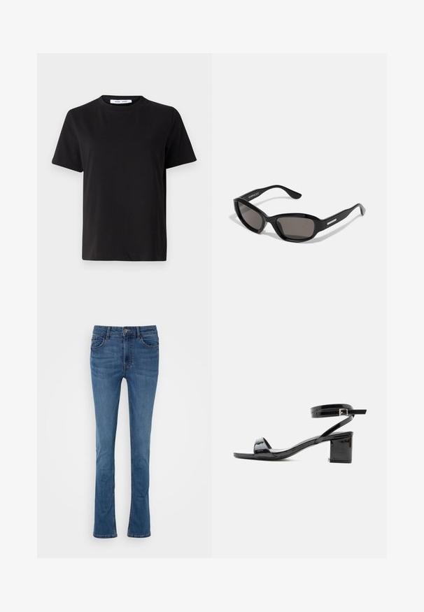Sort t-shirt med korte ærmer fremstillet af blødt bomuld, med rund halsudskæring, afslappet pasform og en glat overflade. Ingen synlige mønstre eller grafik.; Blå denim flared jeans med fem lommer, bæltestropper og en lynlås foran. Har en glat tekstur og let falmende.; Sort laklædersandal med blokhæle, åben tå og ankrem med spænde, vist fra siden på hvid baggrund.; Sorte solbriller med rektangulært stel, mørke linser, glat plastmateriale og en metalaccent på templet.