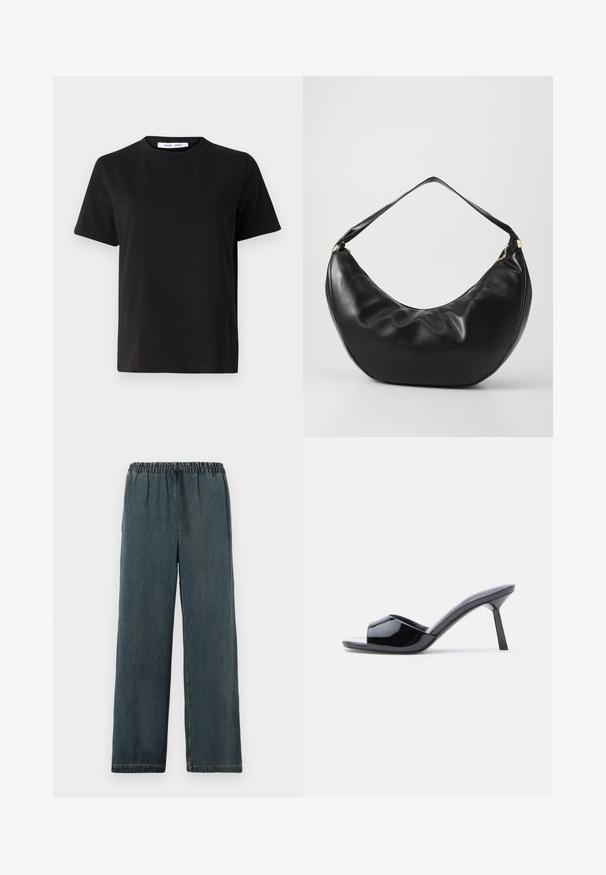 Sort t-shirt med korte ærmer fremstillet af blødt bomuld, med rund halsudskæring, afslappet pasform og en glat overflade. Ingen synlige mønstre eller grafik.; Mørkeblå denimbukser med elastisk talje og snor. Bred ben-design med afsluttede sømmer og en glat, tekstureret overflade.; Sorte laklæder sandaletter med åben tå, der har et buet overdesign og en spids stilethæl. Glat, blank finish.; Sort læder skuldertaske med en buet form, blød tekstur og en enkelt rem; har en guldbeslået lynlås og diskret branding.