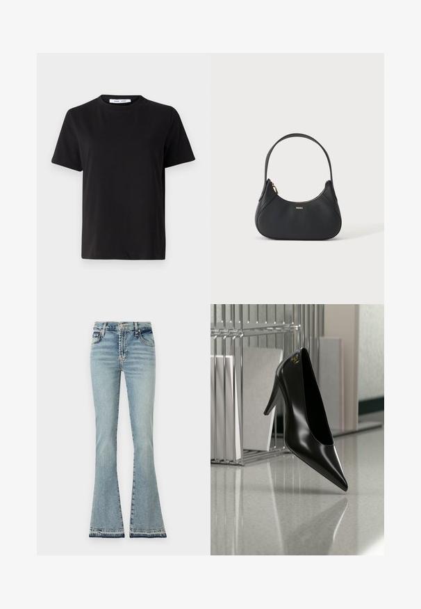 T-shirt noir à manches courtes en coton doux, avec un col rond, une coupe décontractée et une texture lisse. Pas de motifs ni de graphiques visibles.; Jean en denim bleu clair évasés, taille haute, coutures définies et ourlet effiloché. Le matériau paraît doux avec un design classique à cinq poches.; Chaussure noire à talon haut avec bout pointu et logo doré, posée sur une surface réfléchissante près d'un organiseur de dossiers en fil chromé contenant des documents.; Sac à bandoulière en cuir noir avec une forme incurvée, fermeture éclair dorée et petit logo doré à l'avant, isolé sur fond clair.