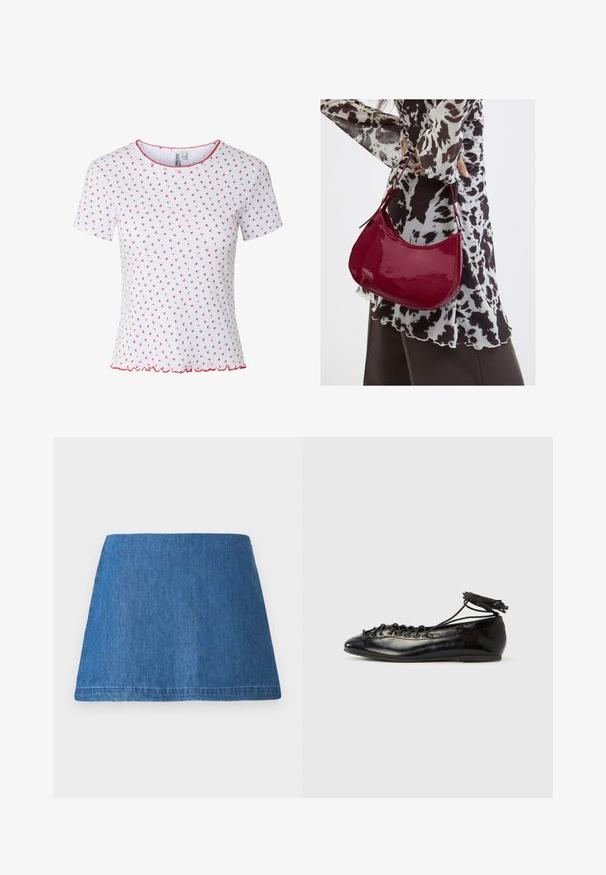 Hvid kortærmet skjorte med små røde blomsterprint, ribbet tekstur, rød bølget kant ved krave og søm. Ingen synlige knapper eller lommer.; Denim mini nederdel i en mellemblå tone, med en klassisk A-form, ren kant og uden synlige udsmykninger eller mønstre.; Sorte balletflade sko i laklæder med rundet tå, snørelukning og flad sål. Glat tekstur med få detaljer.; Kvinde iført en sort- og hvidmønstret bluse, der holder en blank rød skuldertaske mod en ensfarvet baggrund.