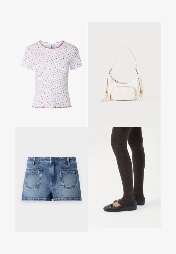 Valkoinen lyhythihainen paita, jossa pieniä punaisia kukkakuvioita, ribattu pinta, punainen aaltomainen reunus kauluksessa ja helmassa. Ei näkyviä nappeja tai taskuja.; Vaaleansiniset denim-shortsit, joissa on kulunut viimeistely, viiden taskun muotoilu, kaksi etutaskua, kaksi takataskua ja napillinen vyötärö.; Jalat, joissa tummat ribbineuleiset leggingsit yhdistettynä mustiin balettitossuihin, joissa on pienet rusettikoristeet valkoisella taustalla.; Valkoinen käsilaukku lyhyellä hihnalla, teksturoidulla pinnalla, useilla vetoketjullisilla taskuilla ja kultasävyisillä metalliosilla. Kompakti ja moderni muotoilu.