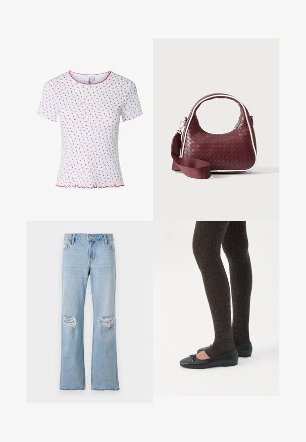 Hvid kortærmet skjorte med små røde blomsterprint, ribbet tekstur, rød bølget kant ved krave og søm. Ingen synlige knapper eller lommer.; Lysblå denimjeans med lige ben-design, der har to knærevner, en metalknaplukning og fem lommer.; Ben iført mørke ribbede leggings kombineret med sorte balletsko med små sløjfedetaljer på hvid baggrund.; Mørkerød vævet lædertaske med buet hank, hvid kant, sølv lynlås og aftagelig bred stofskulderrem mod en ensfarvet baggrund.