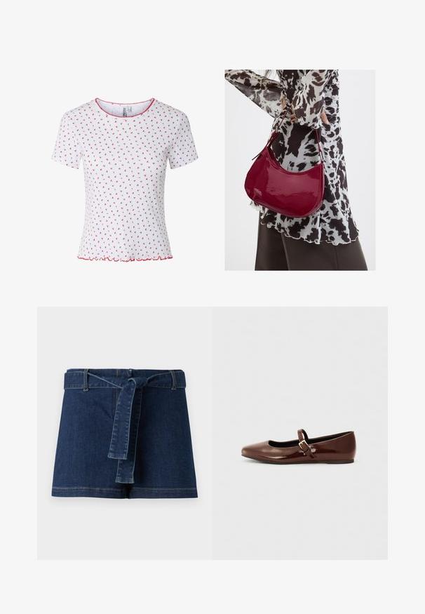 Weißes Kurzarmshirt mit kleinem roten Blumenmuster, gerippter Struktur, rotem gewelltem Abschluss an Kragen und Saum. Keine sichtbaren Knöpfe oder Taschen.; Dunkelblaue Jeans-Shorts mit einem breiten Bund und einem Stoffgürtel. Glatte Textur mit sichtbaren Nähten am Saum.; Braune Lackleder-Ballerinas mit quadratischer Zehenform und Riemen mit einer kleinen goldenen Schnalle. Glatte Textur, niedriger Absatz und minimalistisches Design.; Frau trägt eine schwarz-weiß gemusterte Bluse und hält eine glänzende rote Schultertasche vor einem einfarbigen Hintergrund.