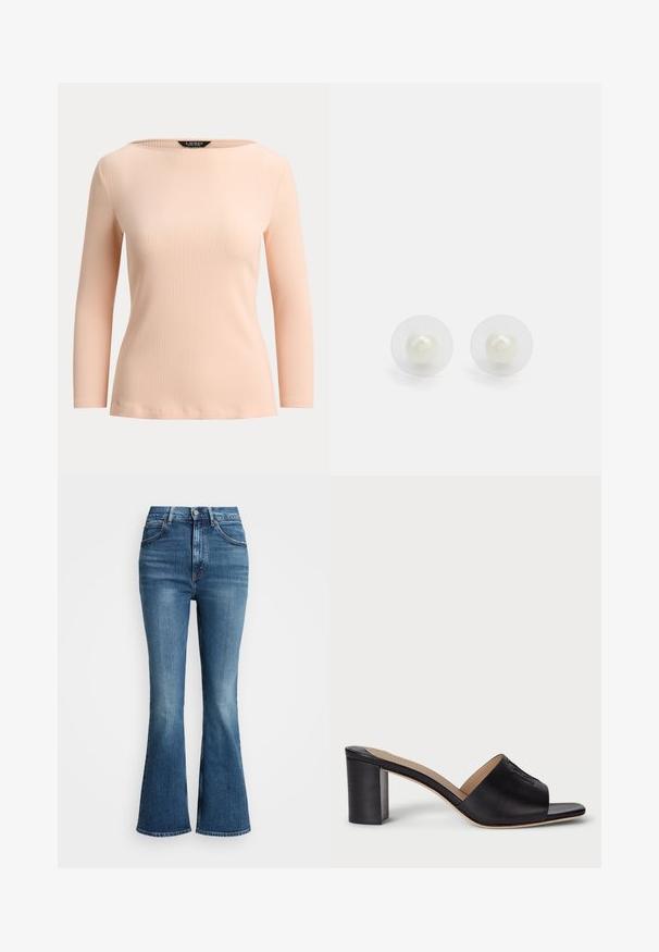 Langærmet, let ferskenfarvet ribbet top med bådhalsudskæring og tætsiddende silhuet, vist på en ensfarvet baggrund.; Højtsiddende flared jeans i medium blå denim, med et klassisk femlommers design og kontraststing. Kanterne er rå.; Sorte læder slide sandaler med blokhæl og åben tå samt præget logo detaljer. Glat overflade med en strømlinet design for stabilitet.; Gennemsigtige studs med en central hvid perle, sat i en cirkulær, klar baggrund. Glat tekstur, rund form.