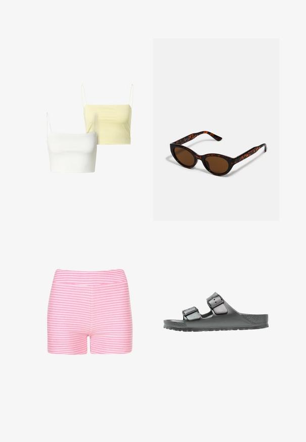 Zwei kurze Camisole-Oberteile mit dünnen Trägern, eines in Weiß und eines in Hellgelb, dargestellt vor weißem Hintergrund.; Rosa-weiße gestreifte Shorts aus weichem Stoff. Verfügt über ein enges Design und einen glatten Bund ohne zusätzliche Details oder Beschläge.; Graue Sandale mit zwei verstellbaren Riemen, strukturiertem Finish, breitem Fußbett und einer konturierten Sohle für Komfort. Leichtgewichtige und flexible Konstruktion.; Braune Schildpatt-Sonnenbrille mit einer Vintage-Cat-Eye-Form und braunen Gläsern. Verfügt über gebogene Bügel mit roten Akzenten.