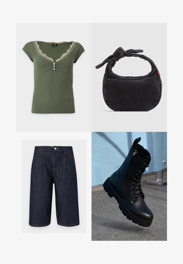 Grøn ribbet top med korte ærmer, blonderydning i V-udskæring og tre små hvide knapper under udskæringen.; Mørkeblå denim lange shorts med frontplisser, sidelommer, bæltestropper og metal knaplukning i taljen.; Sorte læder ankel støvler med snørebånd, sidelås, tekstureret overflade og en robust sål med fremtrædende slidbaner.; Lille sort denim skuldertaske med knyttet rem og lynlåslukning, med en rød Levi's stofetiket på siden.