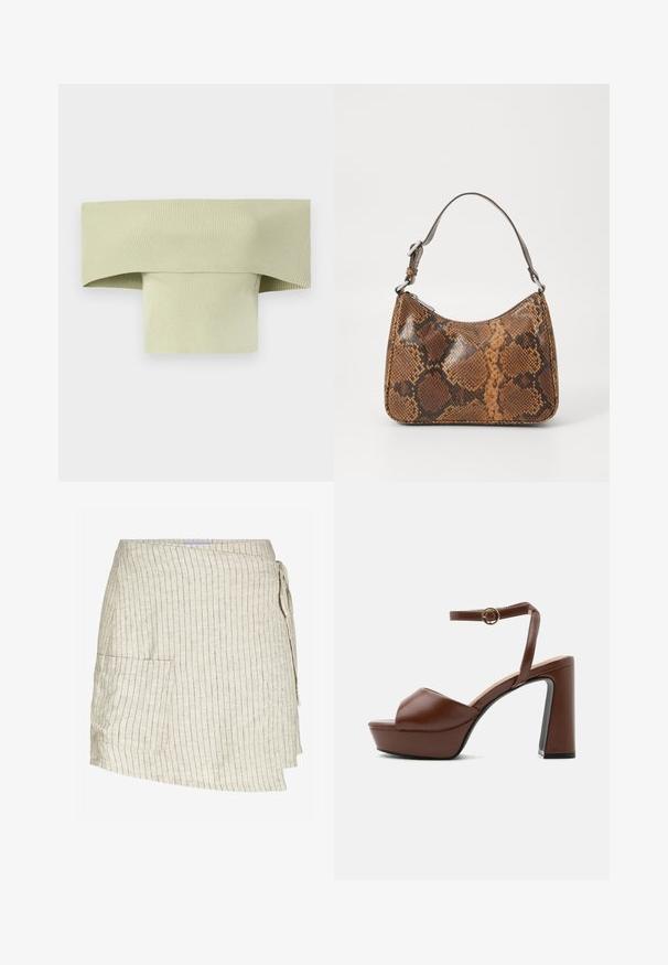 Ribbet, off-shoulder top i lys grøn, med en bred bøjet halsudskæring og en tætsiddende, formsyet silhuet, lavet af strækbart materiale.; Beige omslagsskjørt med lodrette striber. Har en sidelomme, strukturert stof og justerbar snorelukning i taljen.; Brun læder platform sandal med tyk høj hæl, åben tå og justerbar ankelrem med gyldent spænde, vist fra siden.; Lille håndtaske med brun og sort slangeskinn mønster, kort justerbar rem og lynlåslukning.