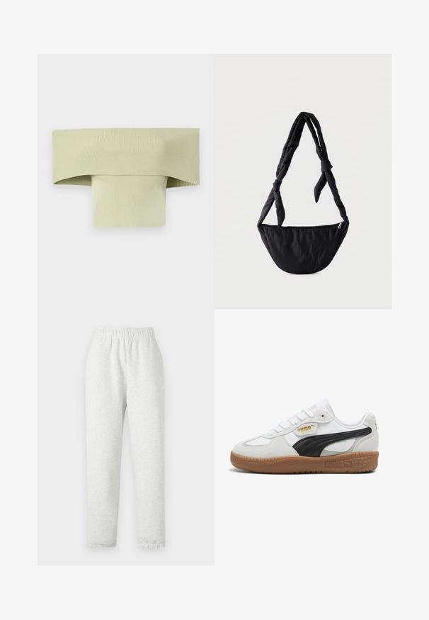 Ribbet, off-shoulder top i lys grøn, med en bred bøjet halsudskæring og en tætsiddende, formsyet silhuet, lavet af strækbart materiale.; Lys grå sweatpants med elastisk talje, tapered ben og ribbede manchetter. Fremstillet af et blødt, tekstureret stof. Hvid logo detalje på siden.; Hvide lædersneakers med en sort ruskindsstribe, gummigummisål og guldbranding på siden. Snørebånddesign med en afrundet tå.; Sort polstret crossbody-taske med en halvmåneform og en justerbar rem med knude, med lynlåslukning øverst.