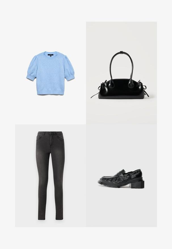 Lyseblå striktrøje med korte pufærmer og ribstrikkede manchetter, halsudskæring og kant.; Sorte skinny jeans med en glat denim texture, fem-lomme design og en metal knaplukning i taljen.; Sorte læderloafers med en struktureret sål, der har en let forhøjet blokhæl og en tekstureret overdel, sikret med en frontrem.; Lille sort blank håndtaske med to lange håndtag og snøre-detaljer i siden på en ensfarvet lys baggrund.