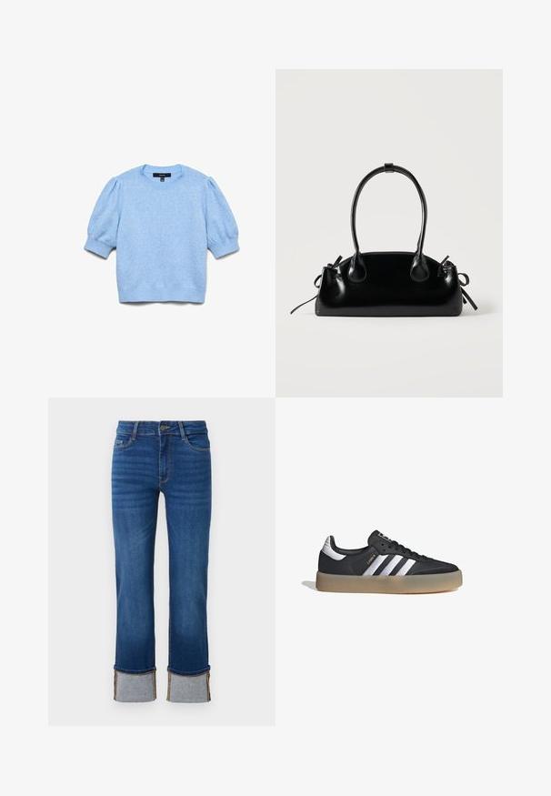 Lichtblauwe gebreide trui met korte opgeblazen mouwen en geribbelde boorden, halslijn en zoom.; Blauwe denim jeans met een rechte pijp, voorzien van opgerolde manchetten in lichtgrijs. Middenhoogte taille en traditionele vijf-pocketdesign.; Zwarte leren sportschoen met drie zilveren strepen, een gestructureerde neus en een gumrubberen zool. Bevat een gevoerde schacht en vetersluiting.; Kleine zwarte glanzende handtas met twee lange hengsels en zijkant trekkoord details op een effen lichte achtergrond.
