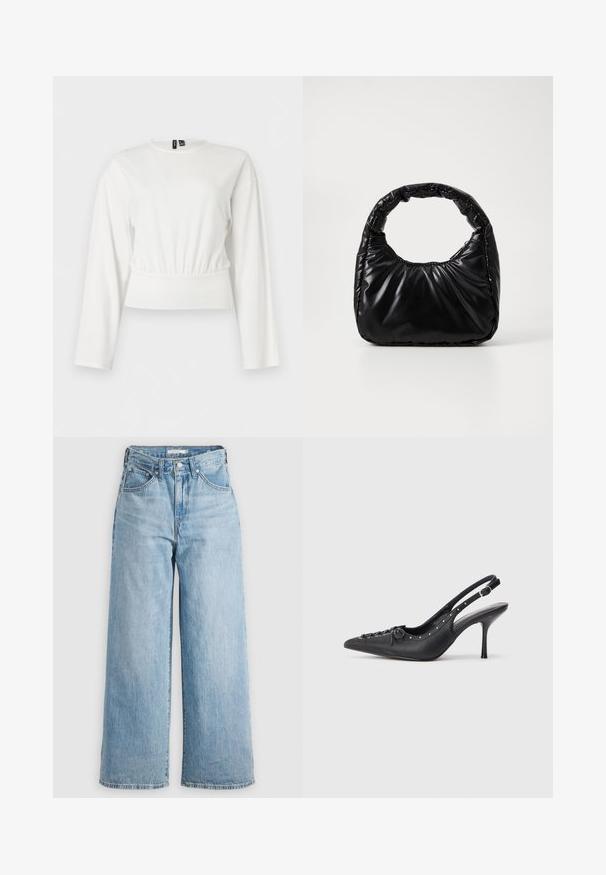 Blouse blanche à manches longues courte avec un col rond et une taille élastique froncée, présentée sur un fond uni.; Jeans larges bleu clair à taille haute, fabriqués en denim. Ils possèdent un design classique à cinq poches et des accessoires en métal.; Escarpin en cuir noir à talon aiguille avec un bout pointu, une bride latérale à boucle, des clous le long du bord et un laçage décoratif à l'avant.; Sac à main noir rembourré avec une poignée arrondie, présentant une surface lisse et brillante ainsi qu'une texture douce et matelassée. Pas de quincaillerie ou d'accents visibles.