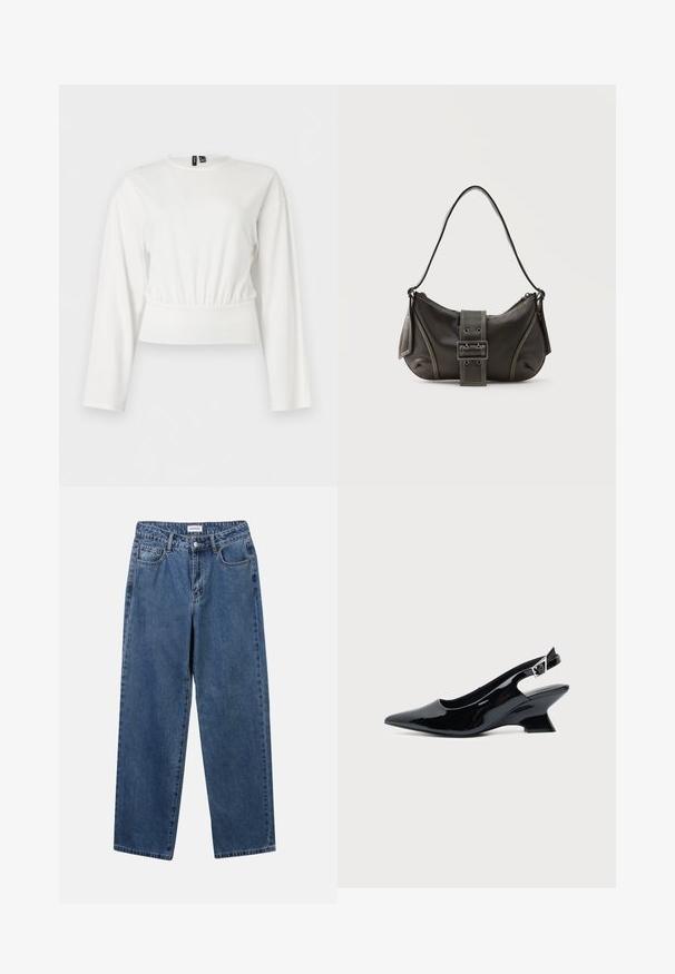 Weißes langärmliges, kurzes Oberteil mit rundem Ausschnitt und gesammeltem elastischem Bund, auf einfarbigem Hintergrund präsentiert.; Klassische blaue Denim-Jeans mit geradem Bein, fünf Taschen und Knopfverschluss. Sie verfügen über eine mittelblau gewaschene Optik und sind aus robuster Textur.; Schwarzer Slingback-Schuh aus Lackleder mit spitzer Spitze und niedrigem, schrägem Blockabsatz auf einfachem hellem Hintergrund.; Schwarze Leder-Schultertasche mit Schnallengurt-Detail, abgerundeten Kanten und kontrastierenden weißen Nähten auf schlichtem Hintergrund.