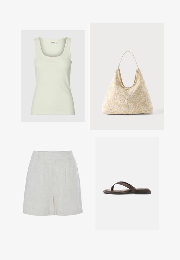 Geribbelde tanktop in zacht pastelgroen, met een ronde halslijn en brede schouderbanden. Gemaakt van een stretchy katoenmix voor comfort.; LASCANA SHORTS - Shorts - sand; Bruine leren teenslipper met een platte zwarte zool en een brede band over de wreef, zijaanzicht op een witte achtergrond.; Crèmekleurige stoffen draagtas met wit bloemig gehaakt patroon en een enkele dunne schouderband op een effen achtergrond.